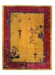 Antique Chinese Art Deco rug, 140x107 inches, featuring intricate patterns in magenta, gold, and violet hues.